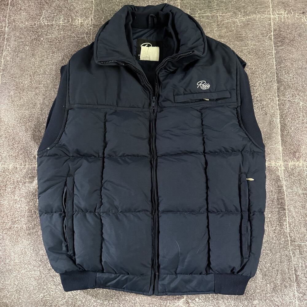 Men's Vintage 80's Roffe USA Brent Navy Blue Down Zip Up Puffer Vest Jacket Sz L